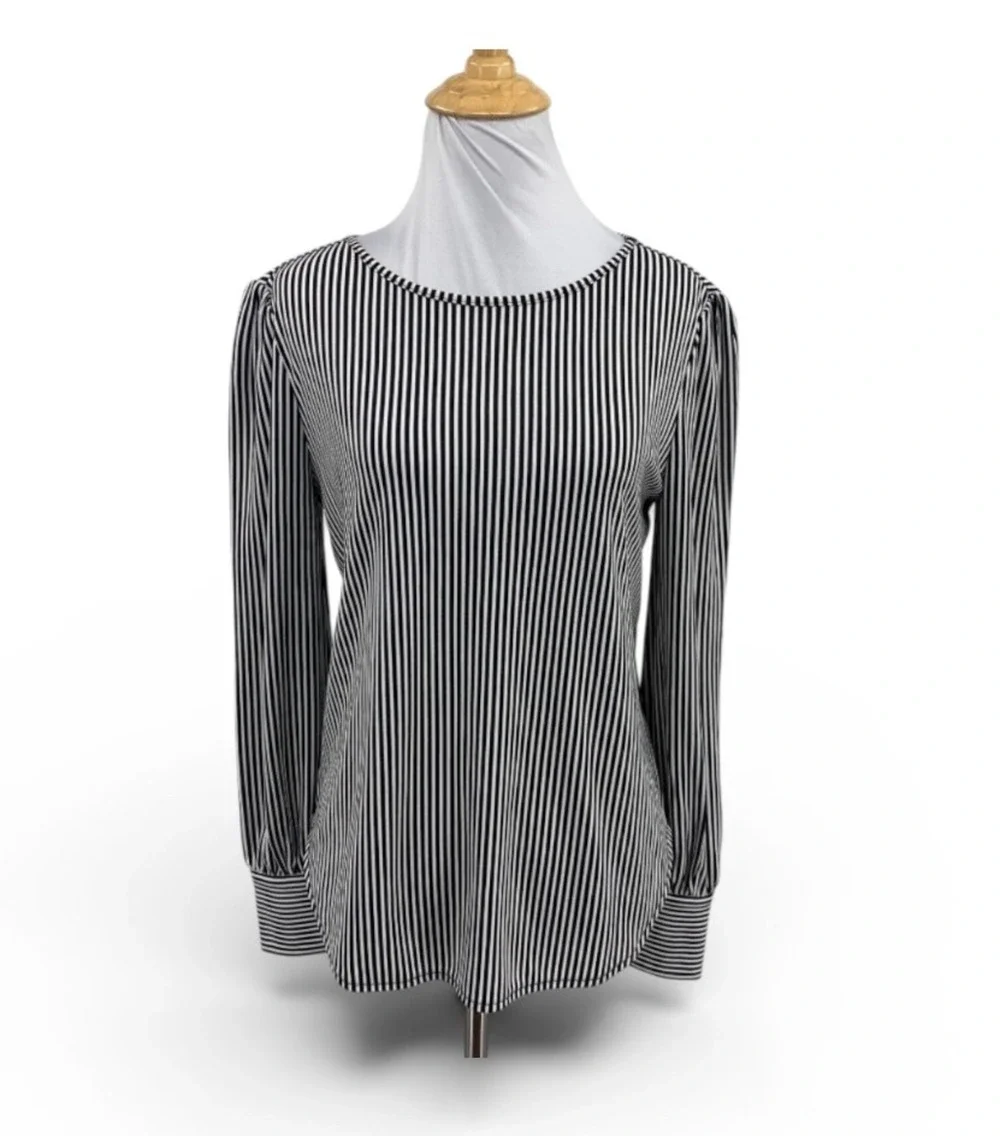 Ann Taylor Top Women XS Extra Small White Black Striped Long Sleeve Button Cuff